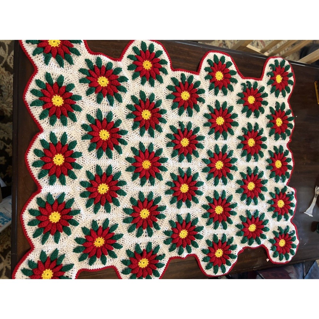 Vintage Rare 3D Handmade Red Poinsettia Floral Crochet Afghan Blanket Christmas