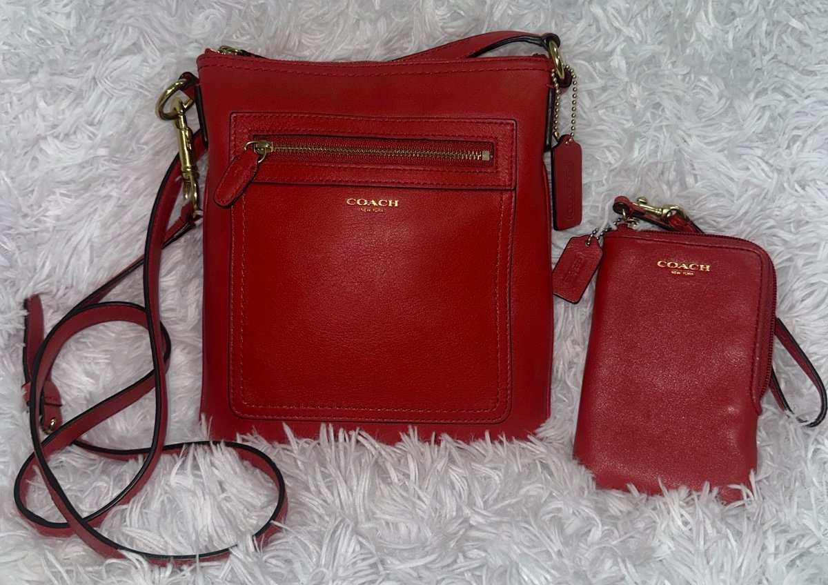 VINTAGE COACH BAG & Wallet Set SWING PACK CROSSBODY RED-ORANGE EUC AUTHENTIC