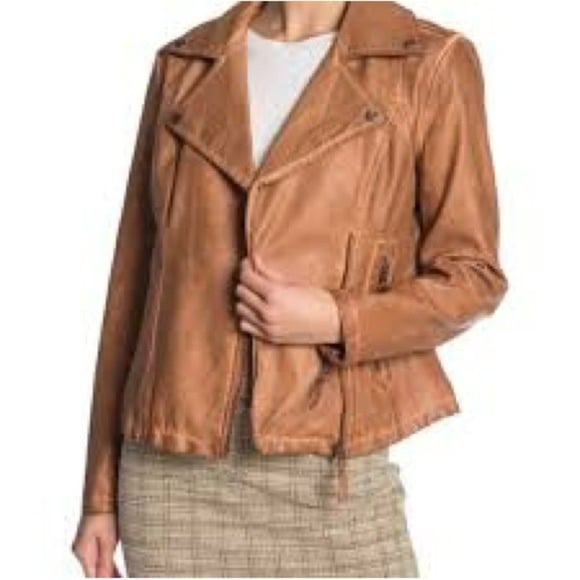 MAX STUDIO Distressed Grunge Moto Zippered Vegan Bomber Jacket in Medium