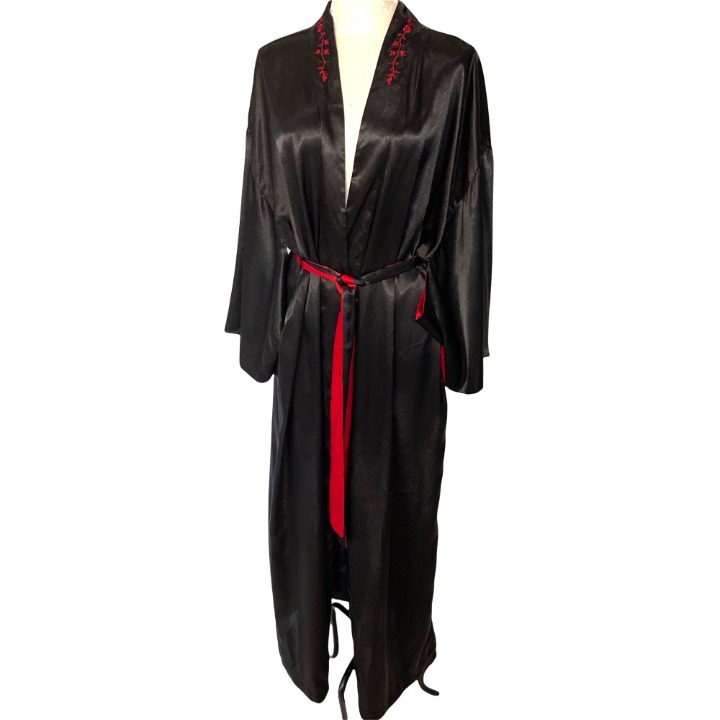 Rose Passion Kimono Robe Womens One Size OSFM Vintage Belt Tie Pockets Black Red
