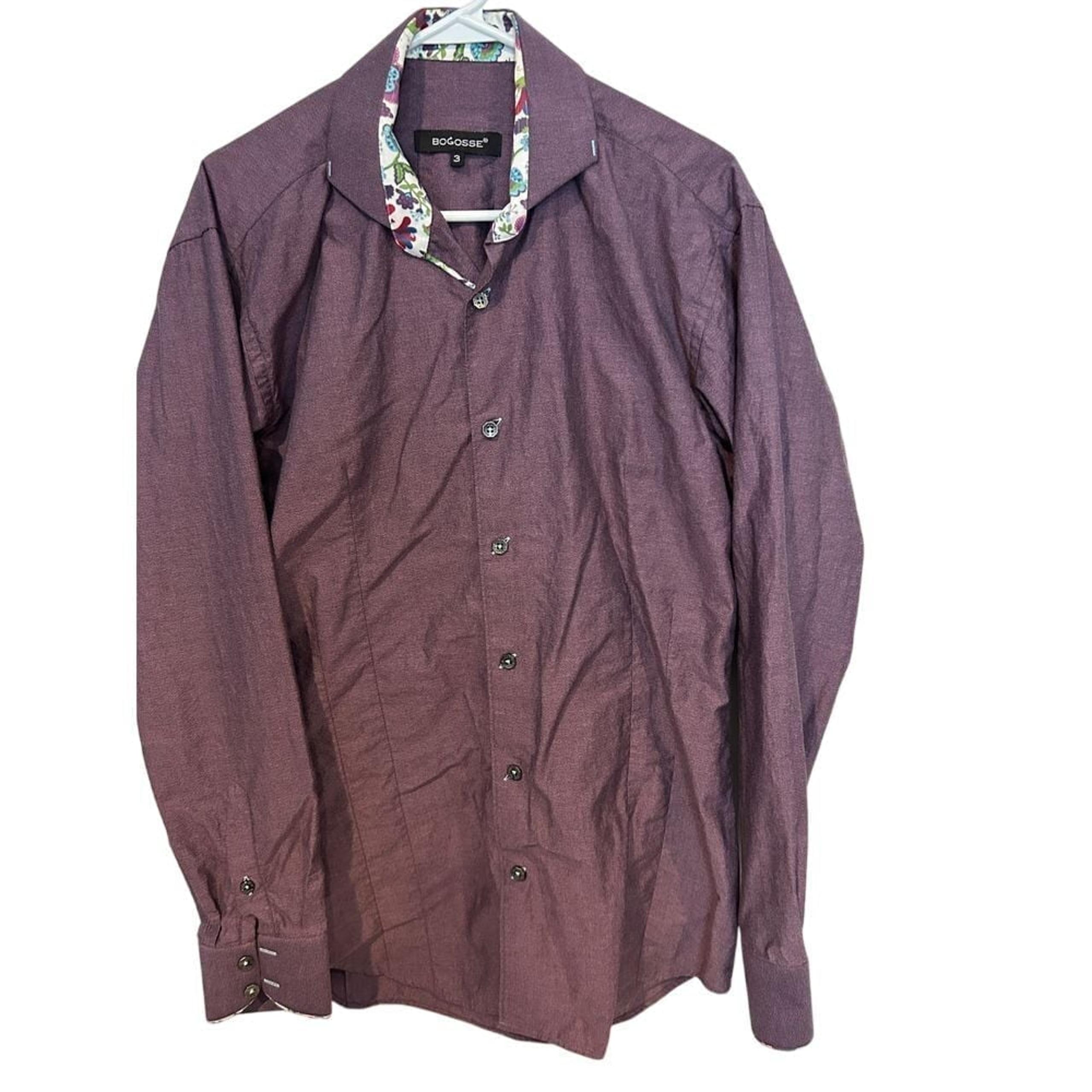 Bogosse Men's Purple Button Down Shirt with Floral Contrast size 3 Medium