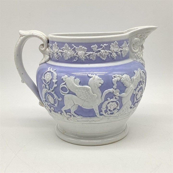 Antique 19th Century Ridgway Pottery Lavender & White Molded Gryphon Jug