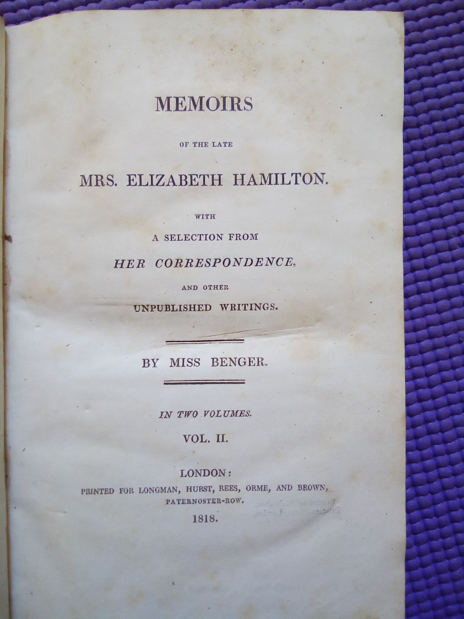 MEGA RARE ANTIQUE BOOK 206 YRS OLD MEMOIRS OF MRS. ELIZABETH HAMILTON 1818