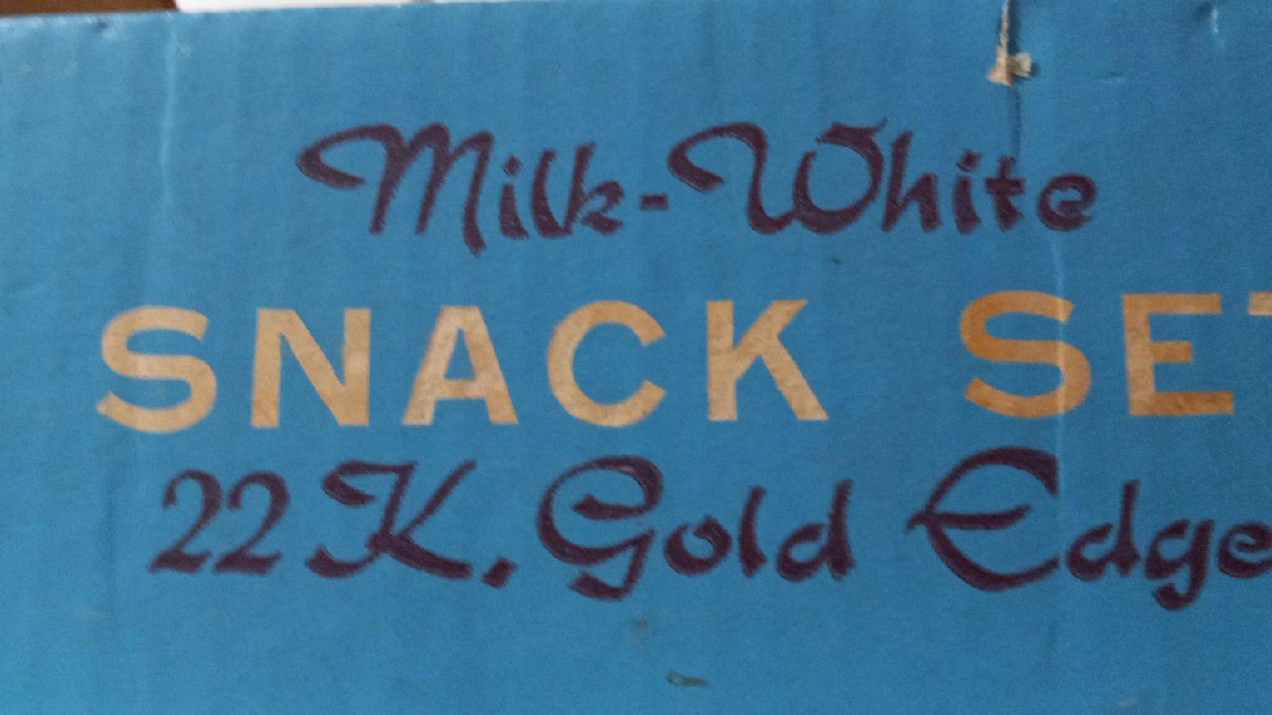 8pc Snack Set- Milk Glass trimmed in 22kt Gold