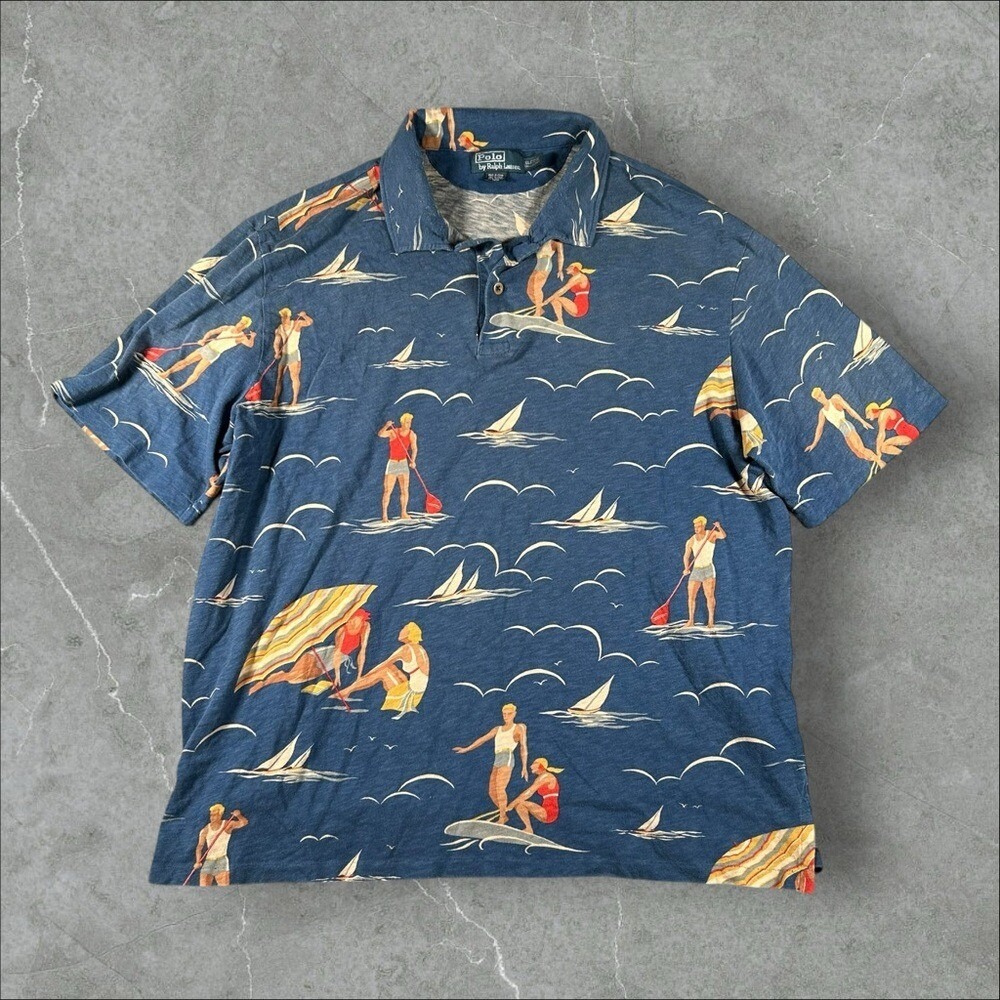 Vintage Polo By Ralph Lauren Shirt Mens XLT Blue Hawaii Surf Beach Print AOP 90s