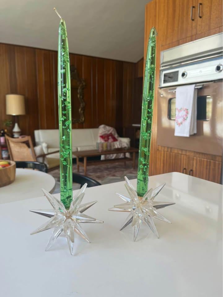 Vintage Mid Century Tapper Green Lucite/Acrylic Candle pair- Candles only