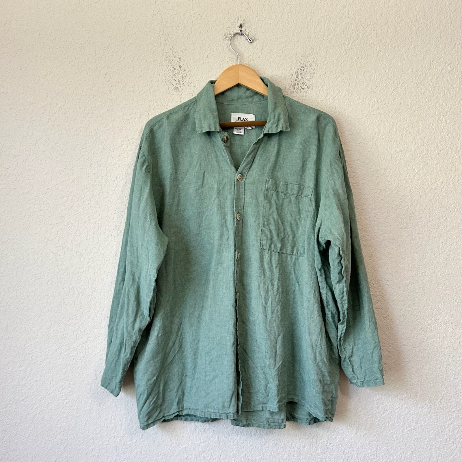 FLAX Jeanne Engelhart Shirt Slate Green Button Up LS Linen Minimalist