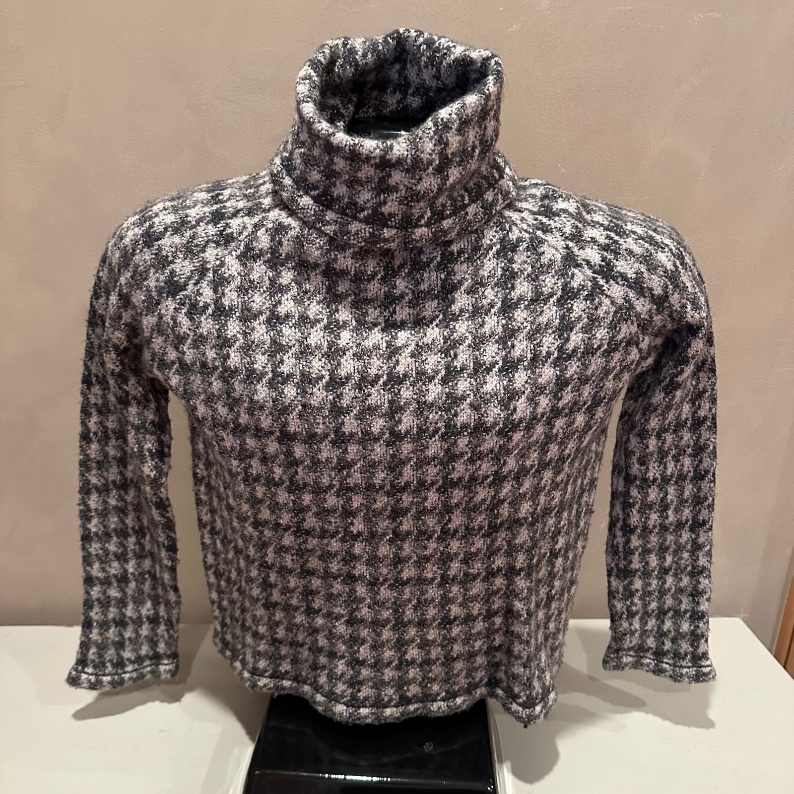 Madewell Cowl Neck Houndstooth Black Gray Wool Blend Sweater Sm/Med