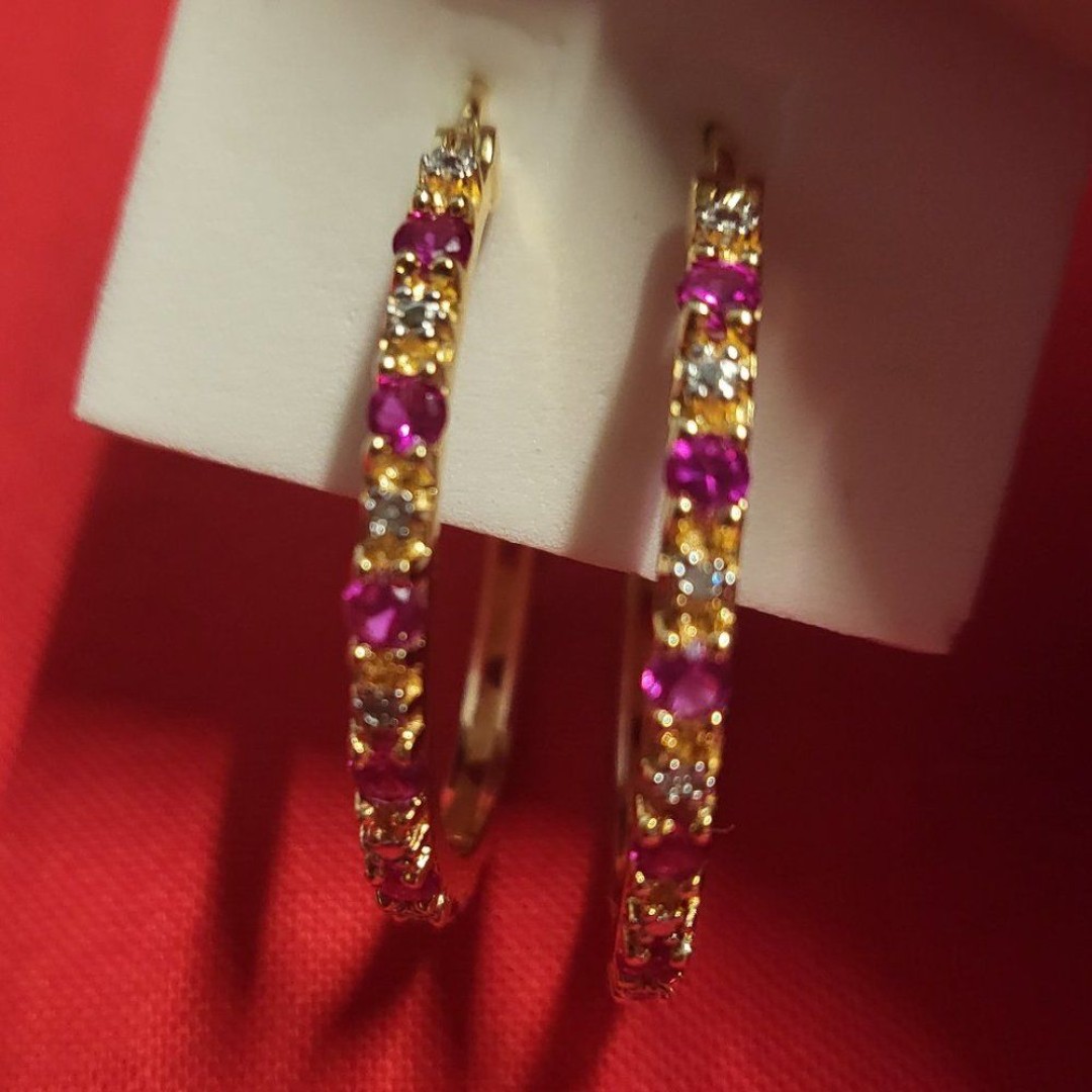 Rhodolite Garnet and Diamond Accent Vermeil YG Over Sterling Silver Hoops 1