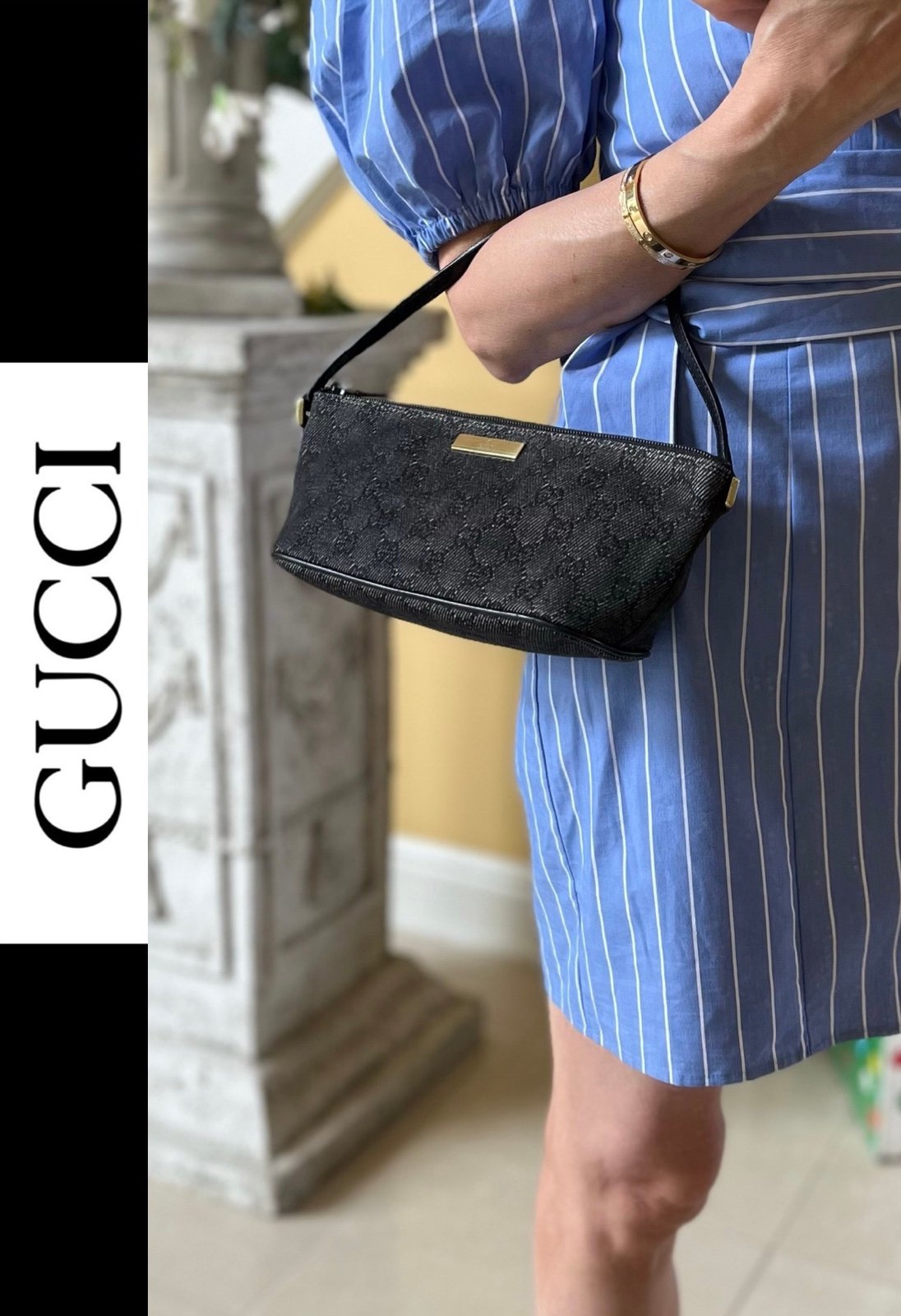 GUCCI GG Supreme Top Handle Boat Bag Pochette Canvas/Leather Trim & Strap w/ COA