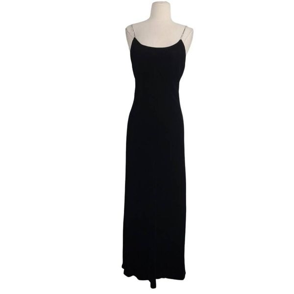 Vtg Moda International Black Velvet A-Line Maxi Slip Dress Sz S Jeweled Straps