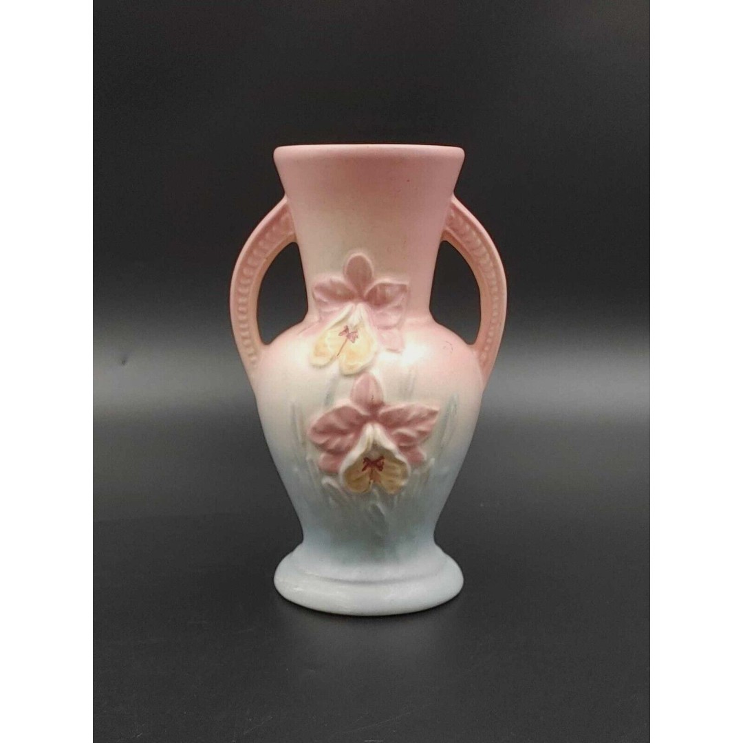 Hull Art Pottery Orchid Double Handles Vase Matte Pink Vintage 6.75” MCM USA