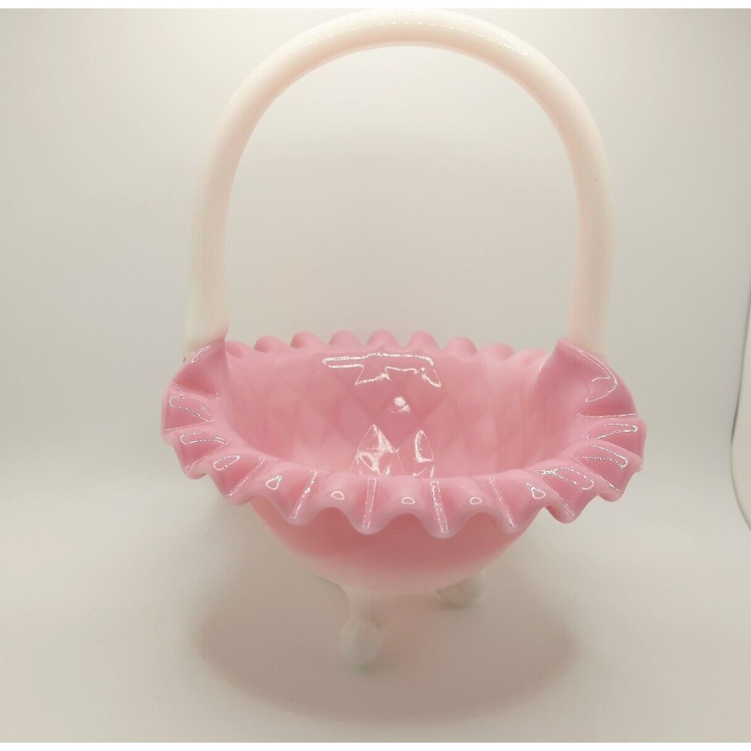 Fenton Glass Rosalene Pink White Threaded Diamond Optic 3 Footed Basket READ!