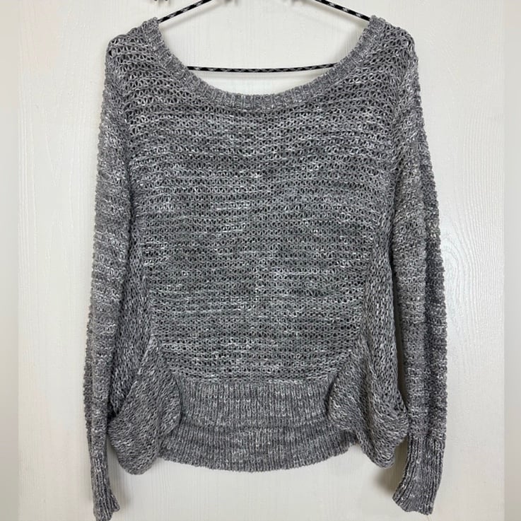 Eileen Fisher Open Knit Gray Sweater Pockets Wide Neck Cotton Blend Women’s