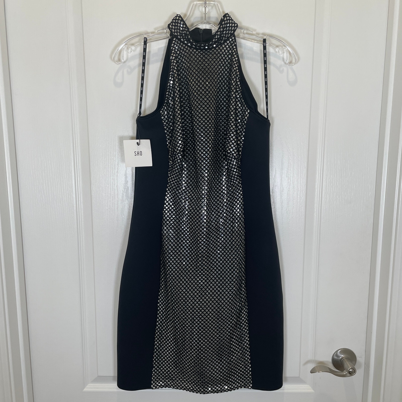 Sho by Tadashi Shoji Bodycon Dress Mock Neck Silver Sequin Netted Black NWT 8
