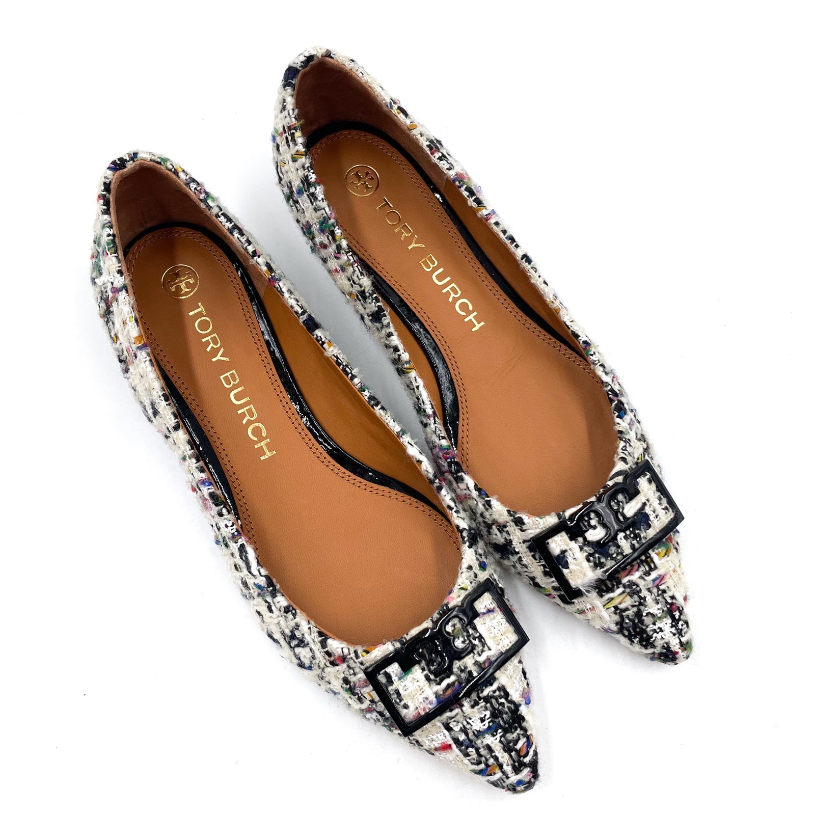 Tory Burch Gigi Tweed Ballet Flats White Black Pointed Toe Slip On Sz 9