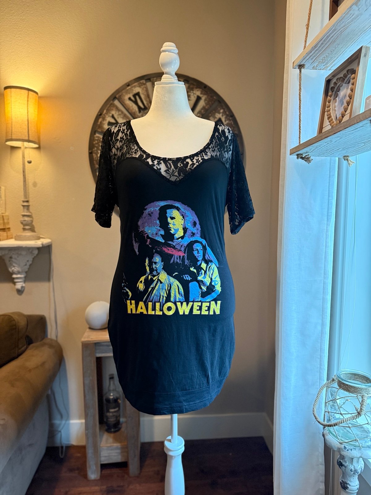 Vera's Eyecandy bkack lace midi dress with Halloween/Michael Myers print