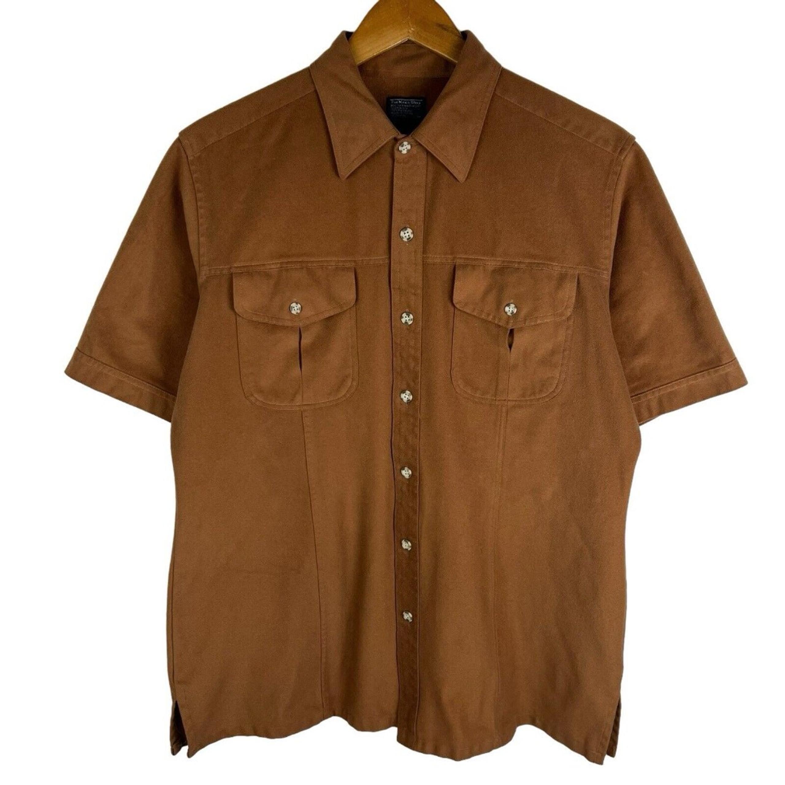 VTG 70s JC Penneys Mens Store Button Up Brown Shirt Sz Large Soft Minimalist