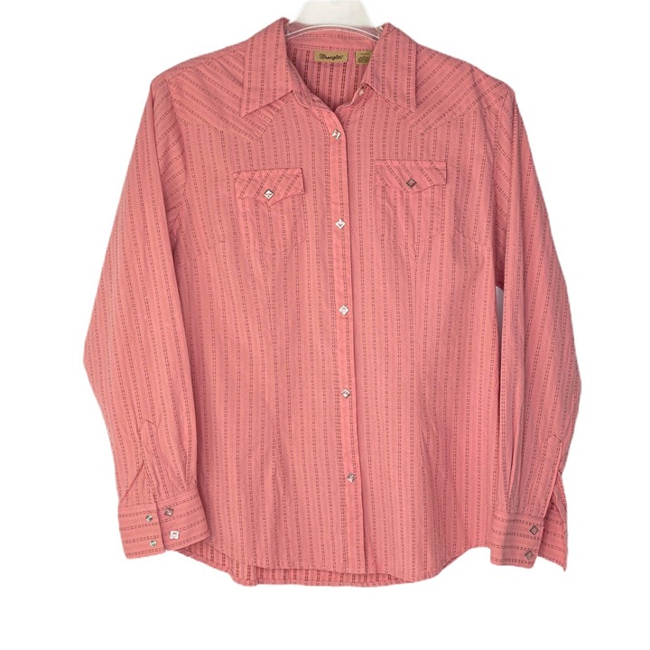 Wrangler Womens L Diamond Pearl Snap Shirt Long Sleeve Pink Pinstripe Western