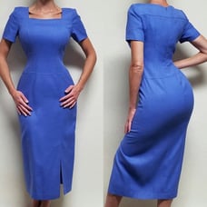 80s Vintage Cornflower Blue Knit Square Neckline Drop Waist Midi Sheath Dress M
