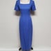 80s Vintage Cornflower Blue Knit Square Neckline Drop Waist Midi Sheath Dress M