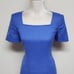 80s Vintage Cornflower Blue Knit Square Neckline Drop Waist Midi Sheath Dress M