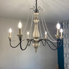 White with rust iron French countryside beaded chandelier