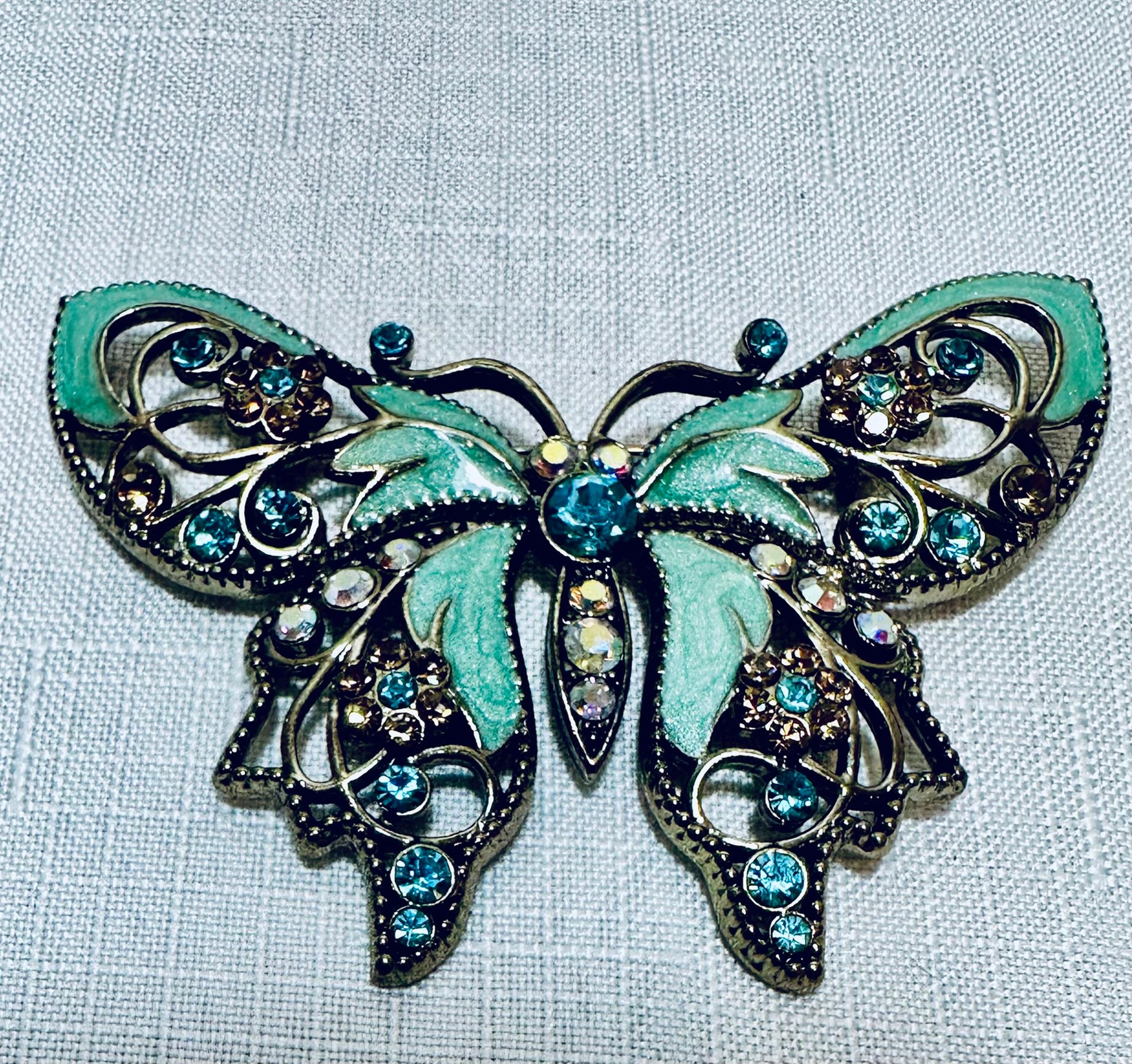 Vintage Butterfly Brooch Nina Ricci for Avon Turquoise Enamel & Rhinestones 4" W