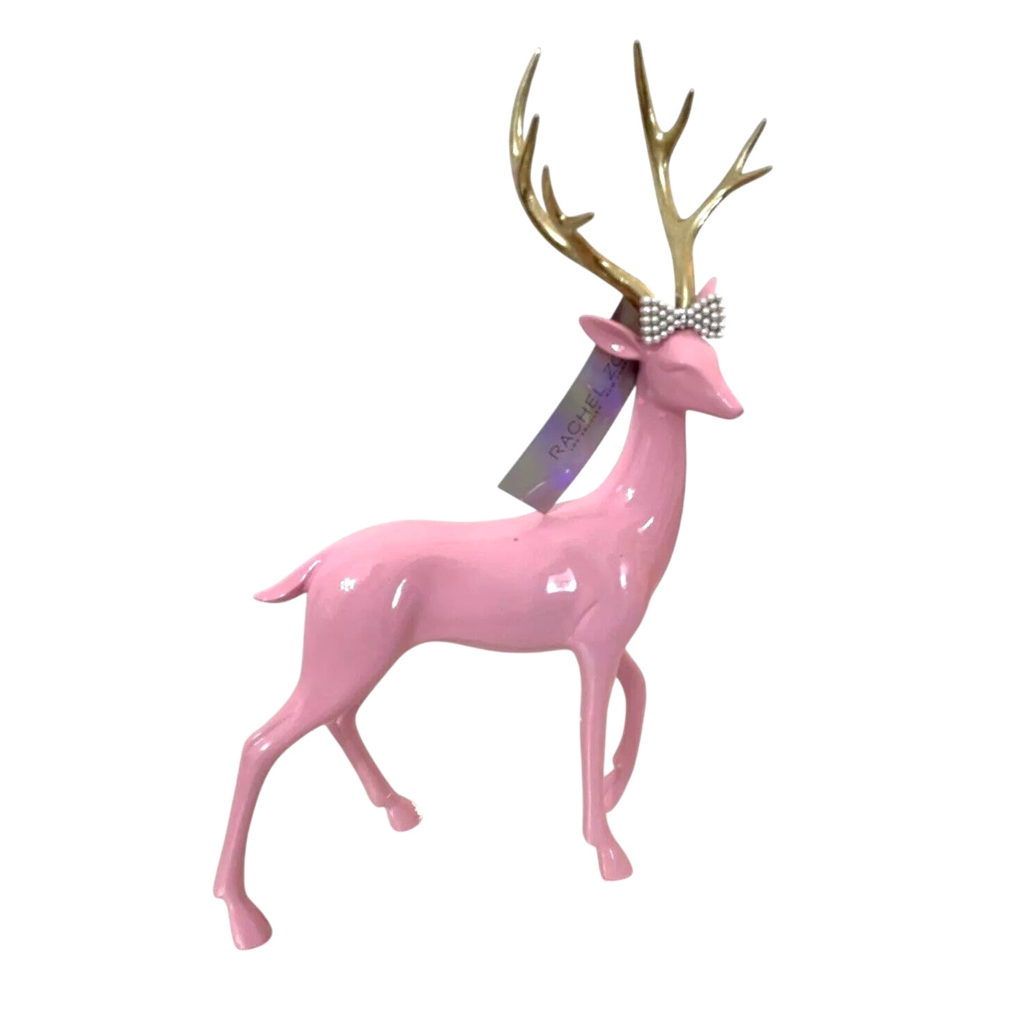 Rachel Zoe Pink Resin Christmas 14.75 Reindeer with Rhinestone Bow New