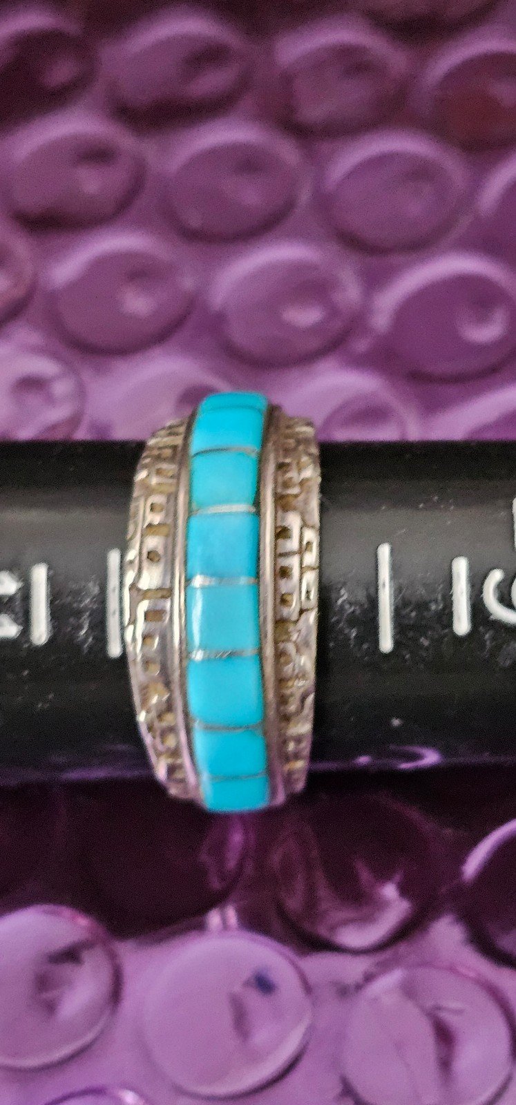 SILVER AND TOURQUOISE STAMPED RING,SIZE 10