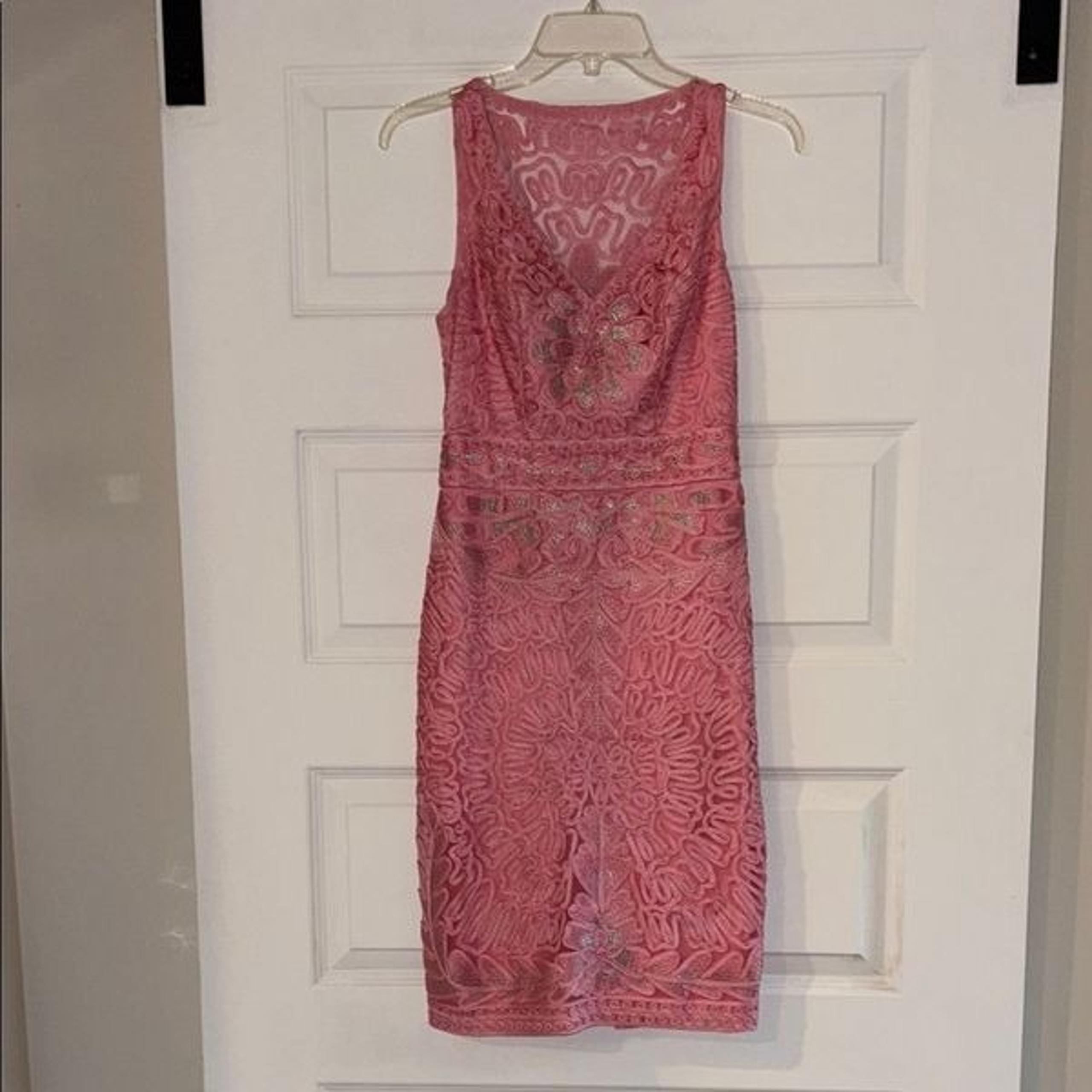 Sue Wong Pink & Silver Lace Embellished Sheath Cocktail Dress