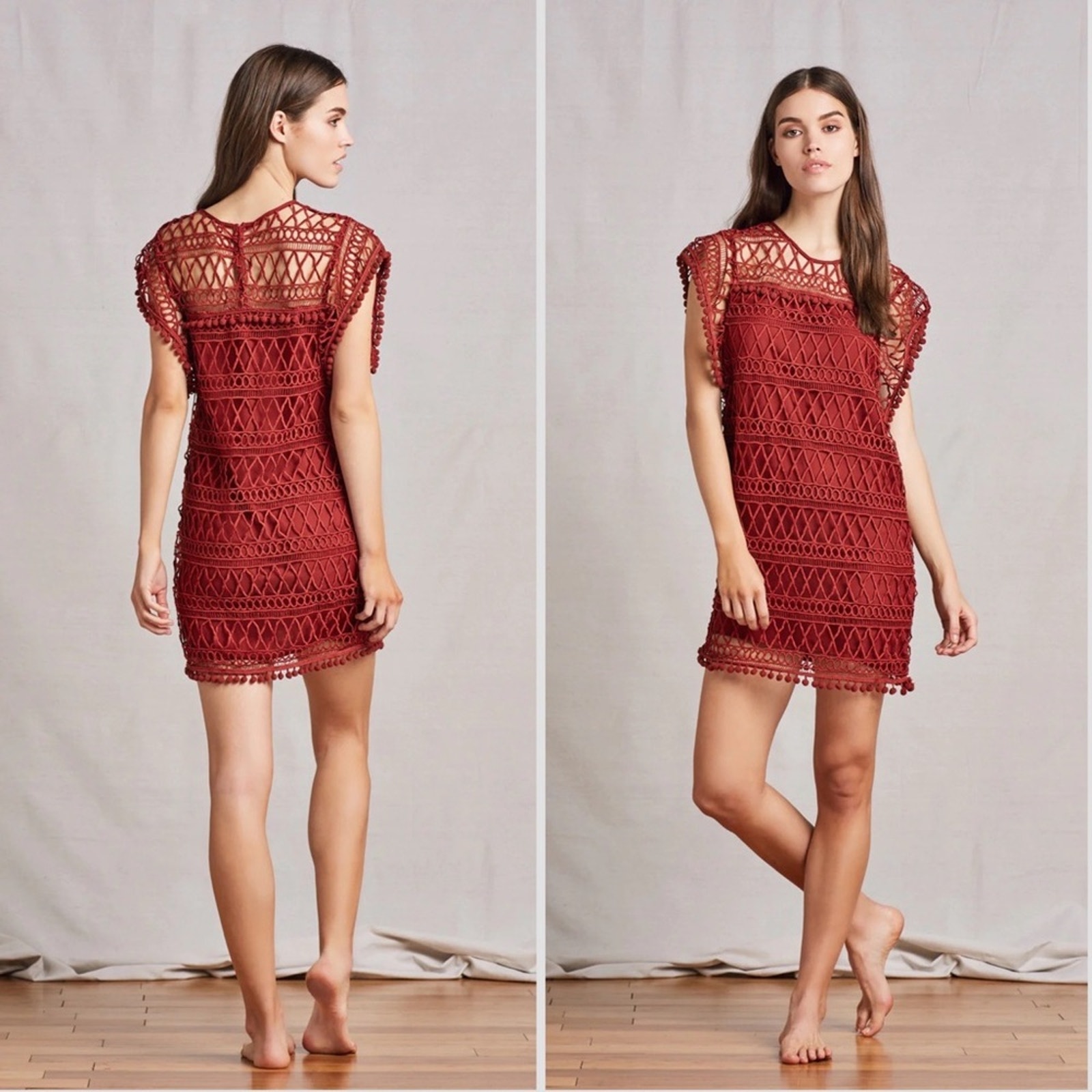 NEW TULAROSA REVOLVE Deep Red Burgundy Clayton Lace Pom Pom Tunic Mini Dress XS