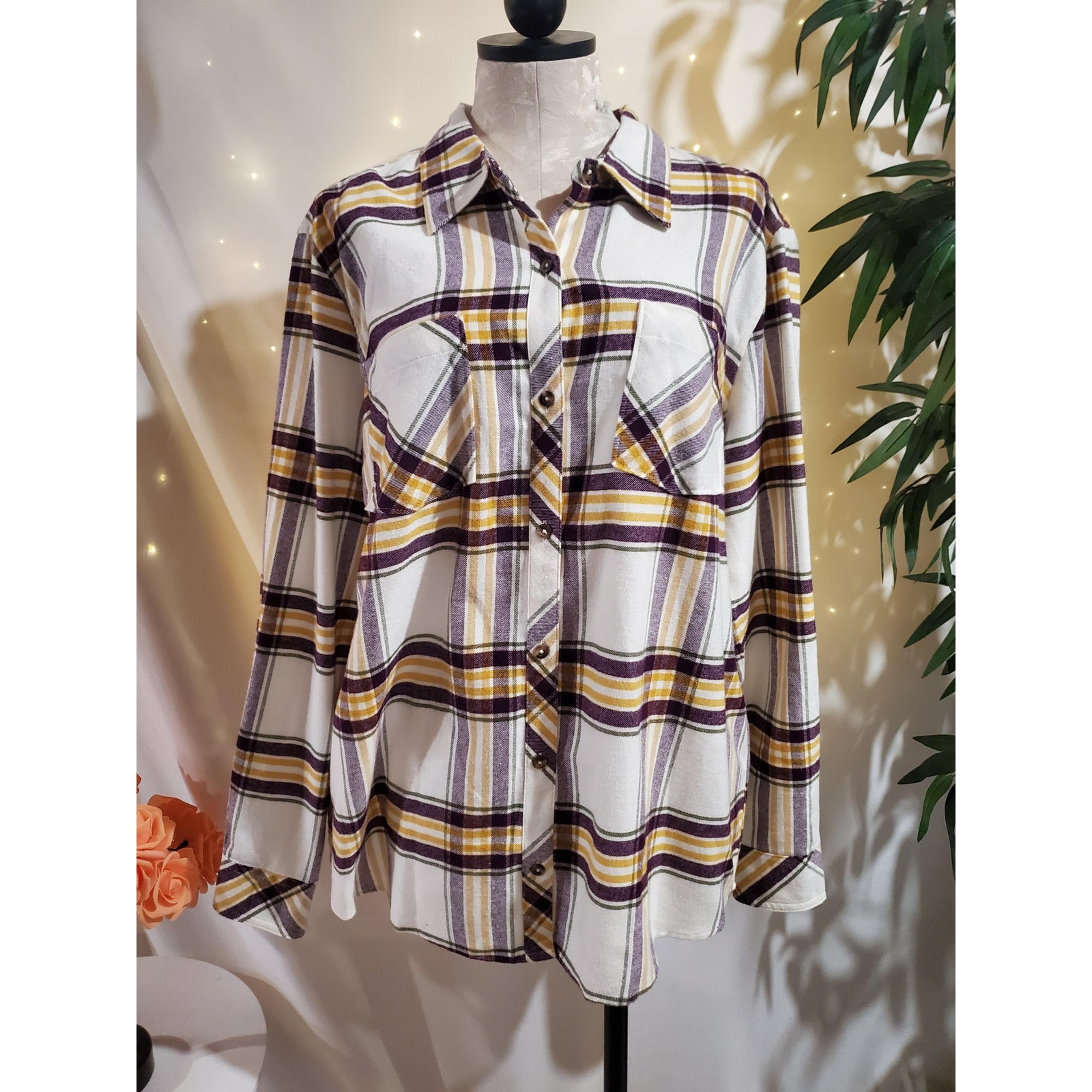 Natural Reflections NWT Plaid Flannel Button Shirt Womens Size XL Pockets Cotton