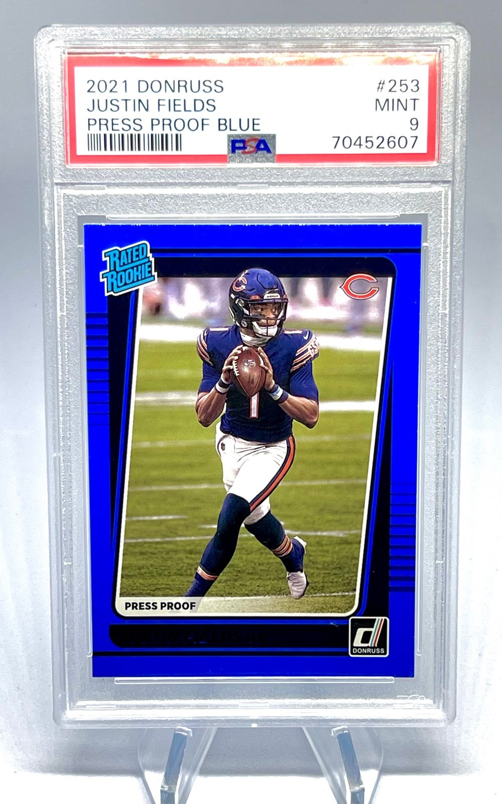 Justin Fields 2021 Panini Donruss Rated Rookie Blue Press Proof PSA 9 Mint