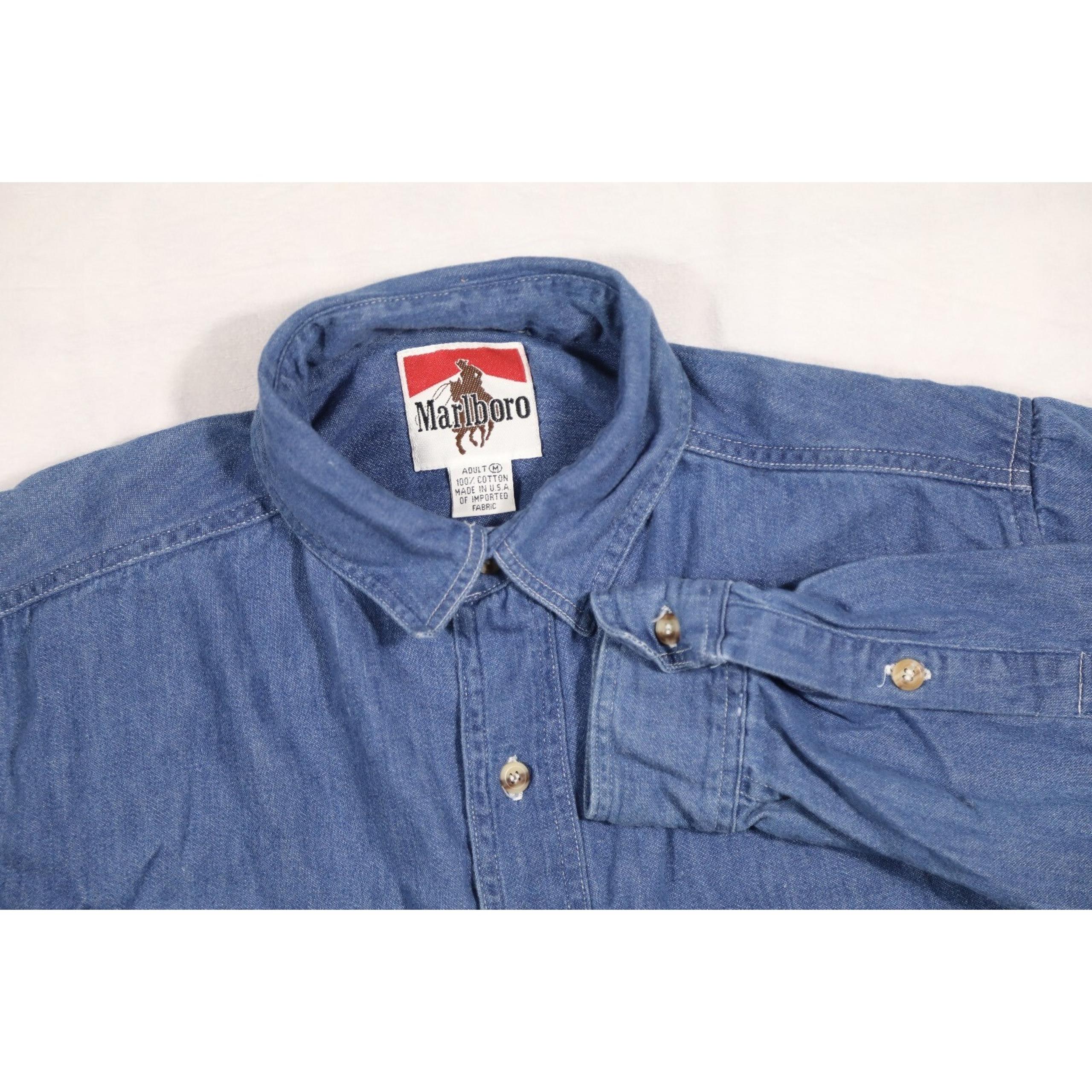 VINTAGE Marlboro Men's M Cotton Denim Button Up Long Sleeve Shirt Made In USA