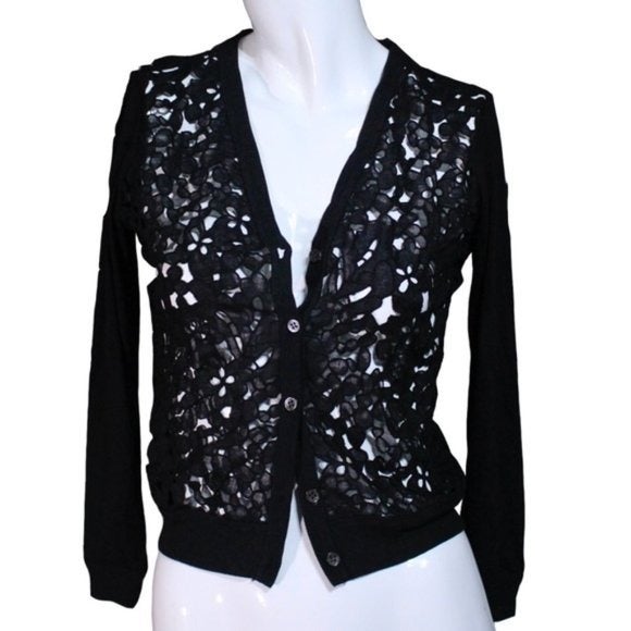 Theory Black Intricate Floral Cutout Cardigan