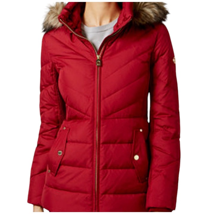 MICHAEL Michael Kors Faux Fur Trim Chevron Quilted Down Puffer Coat