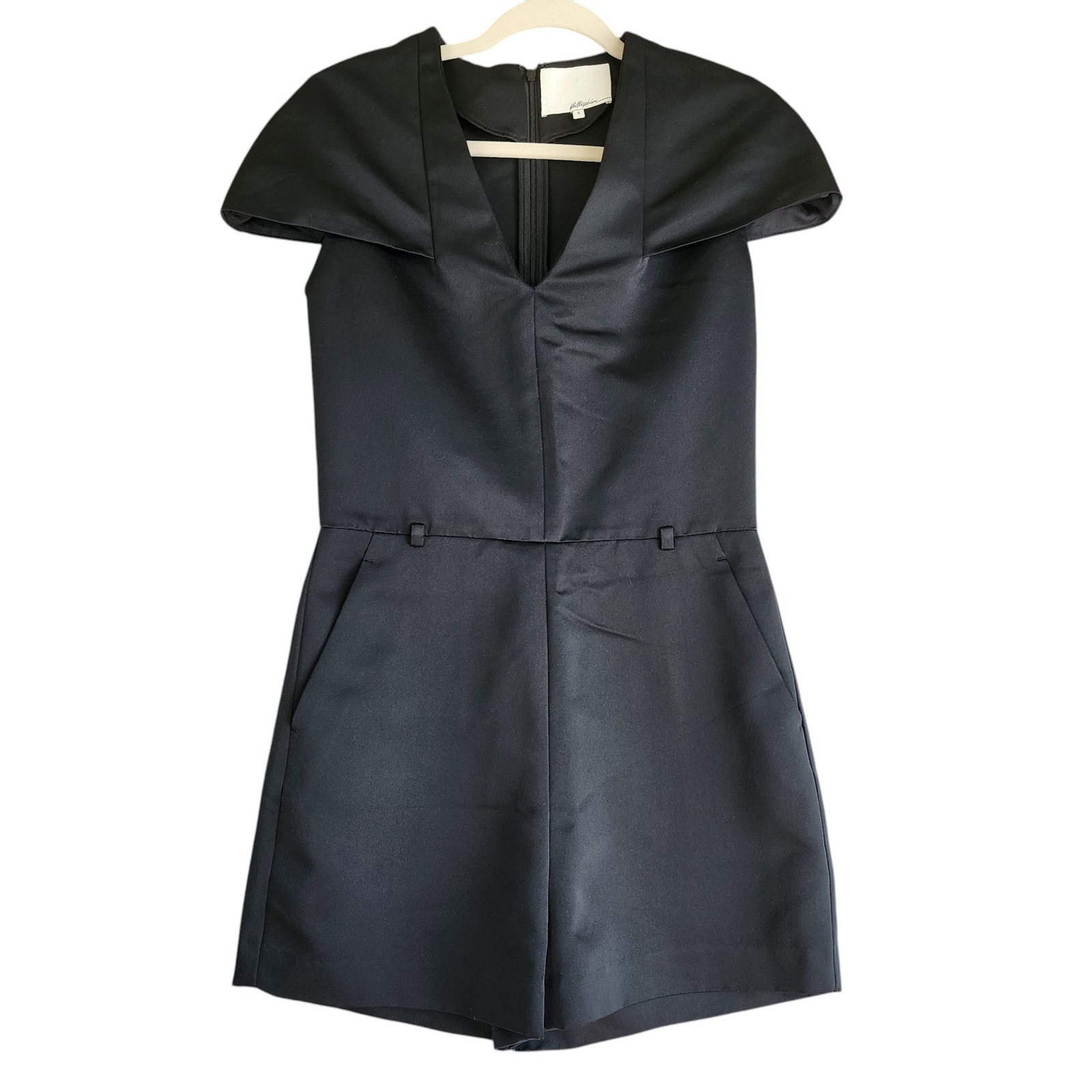3.1 Phillip Lim Womens Satin Romper Size 4 Black Fitted Cap Sleeves Belted Zip