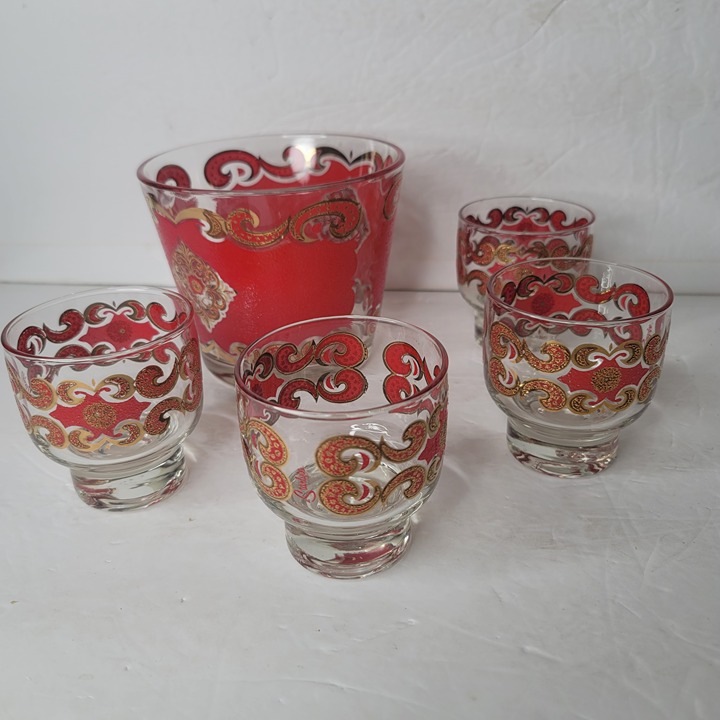 Culver Starlyte Red Gold Baroque Set of 4 Low Cocktail Tumblers And Ice Bucket