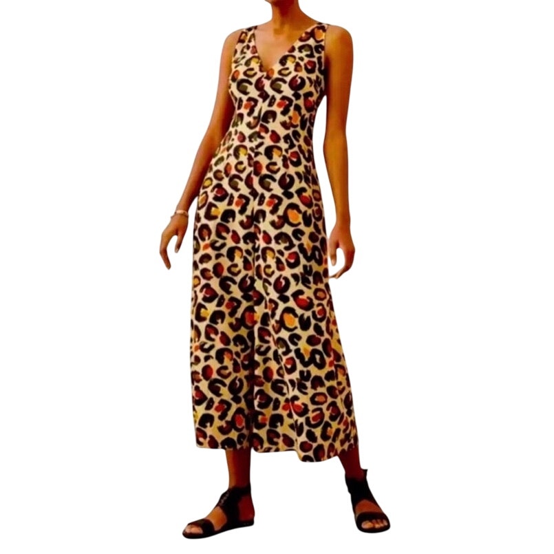 FARM RIO Leopard Print Cropped Wide Leg Jumpsuit Women S Linen Blend Cottagecore