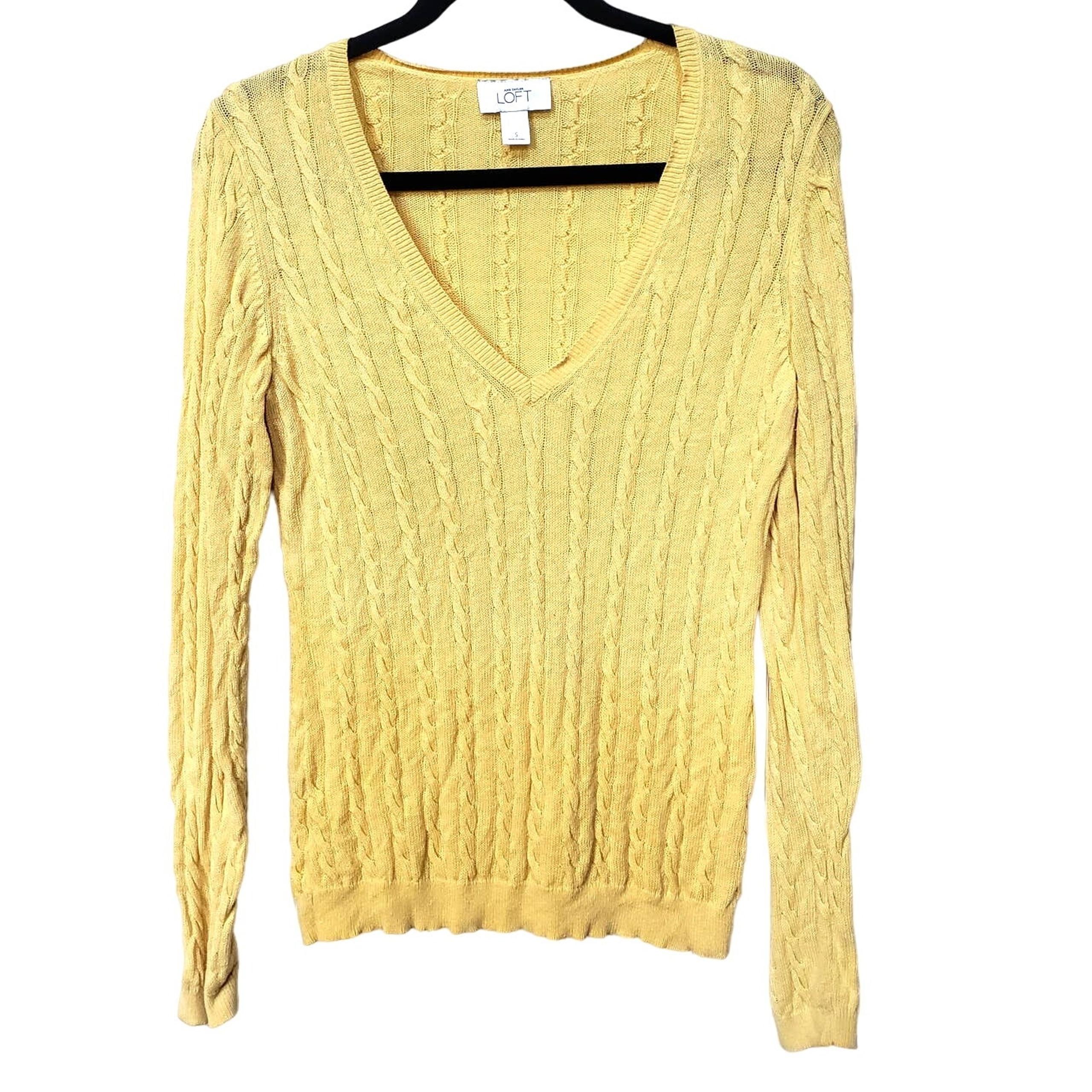 Loft Yellow Cable Knit V Neck Long Sleeve Sweater Size S Classic