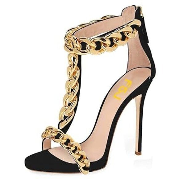 FSJ Women T-Straps High Heel Sandals Golden Chains Open Toe Ankle Straps