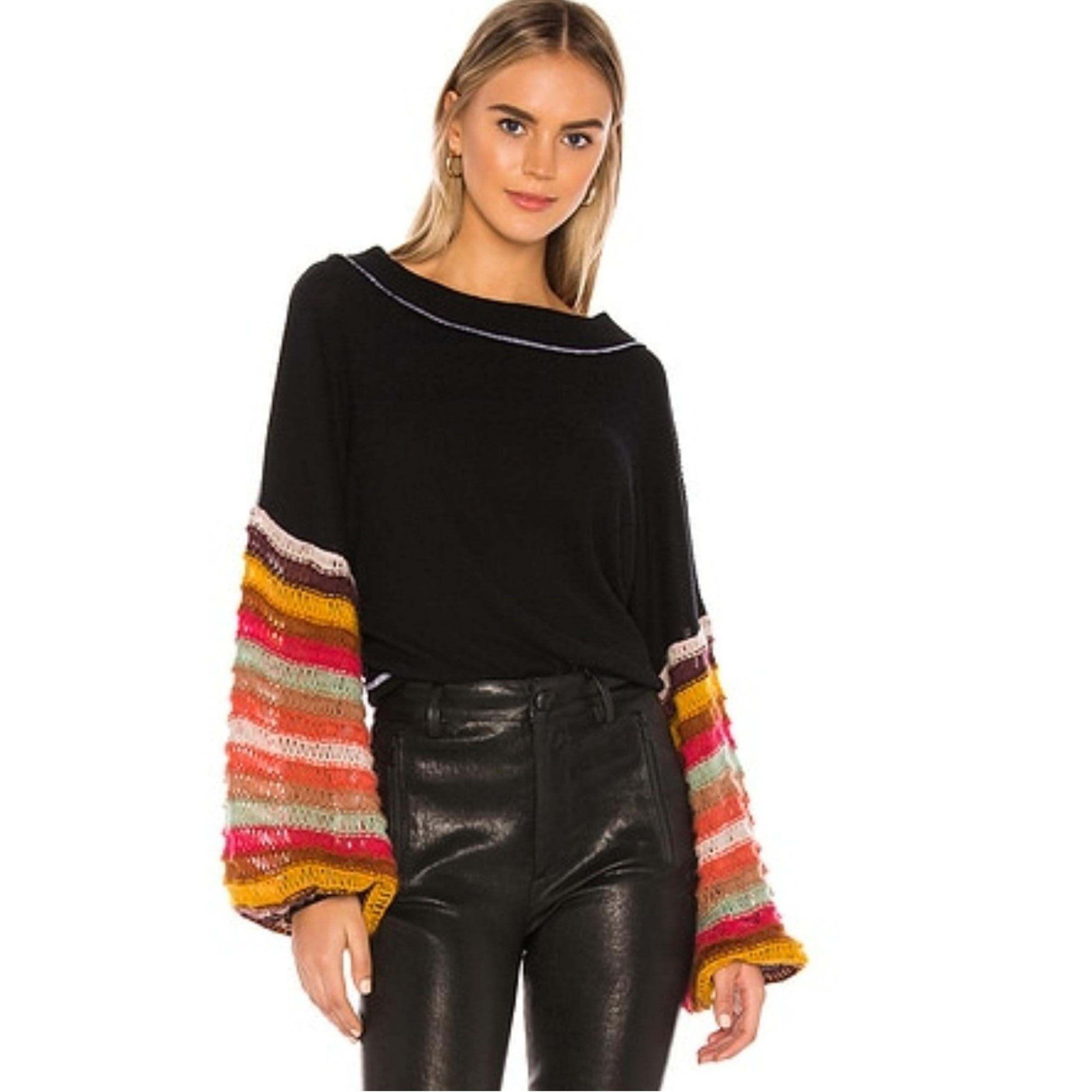 We The Free People Cha Cha Sweater Black Multi Stripe Sleeve Womens XS