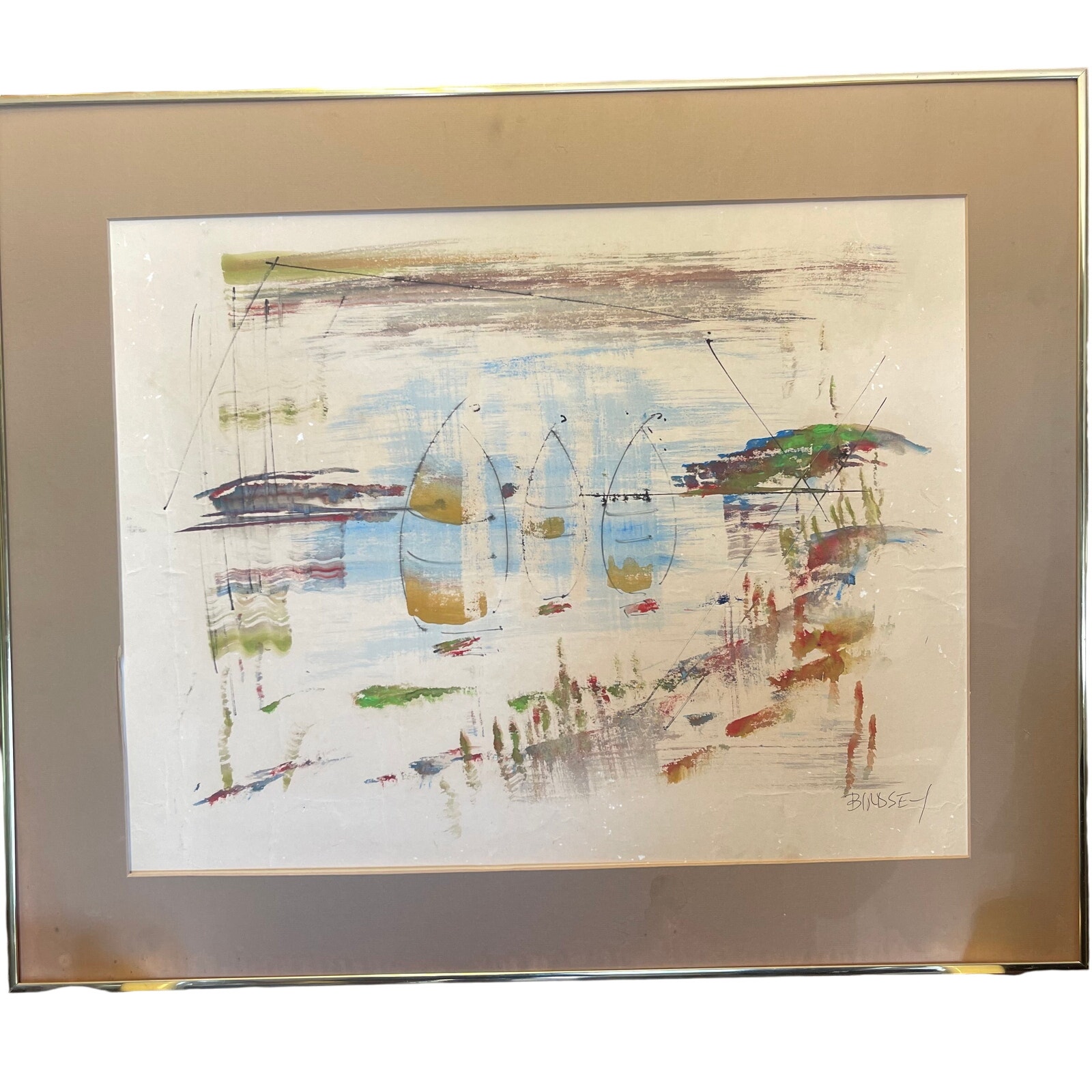 SIGNED Alfred Birdsey Vintage Watercolor Boats on Water Seascape Framed 28x23
