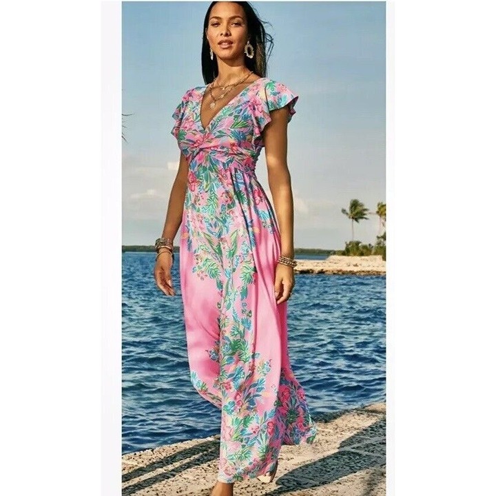 Lilly Pulitzer Verona Maxi Dress Havana Pink Flutter Sleeve Tropical Sz 14 NEW