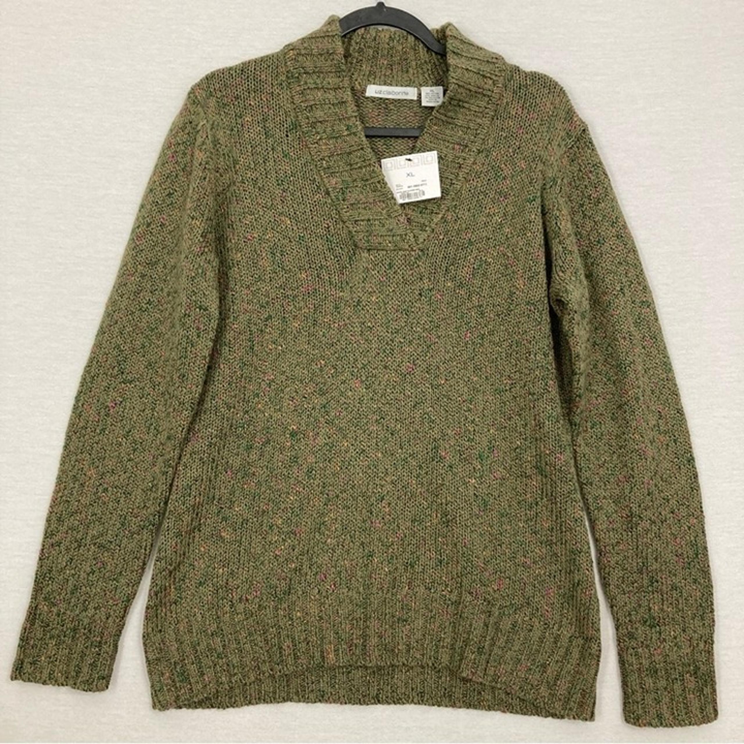New Liz Claiborne V Neck Green Pullover Long Sleeve Sweater XL