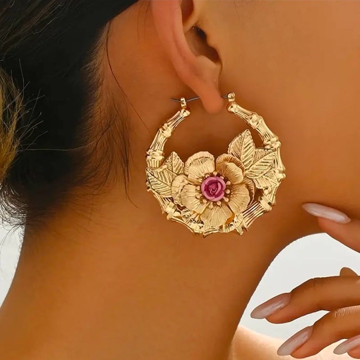 Gold plated bamboo hoop earrings floral lightweight