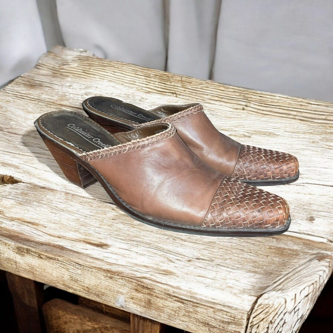 Coldwater Creek 10 Brown Leather Western Square Toe Mules Woven Detail