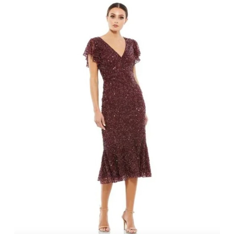 MAC DUGGAL Dress Size 2 Evening Gown Sequin Red Midi NEW V Neck Flutter