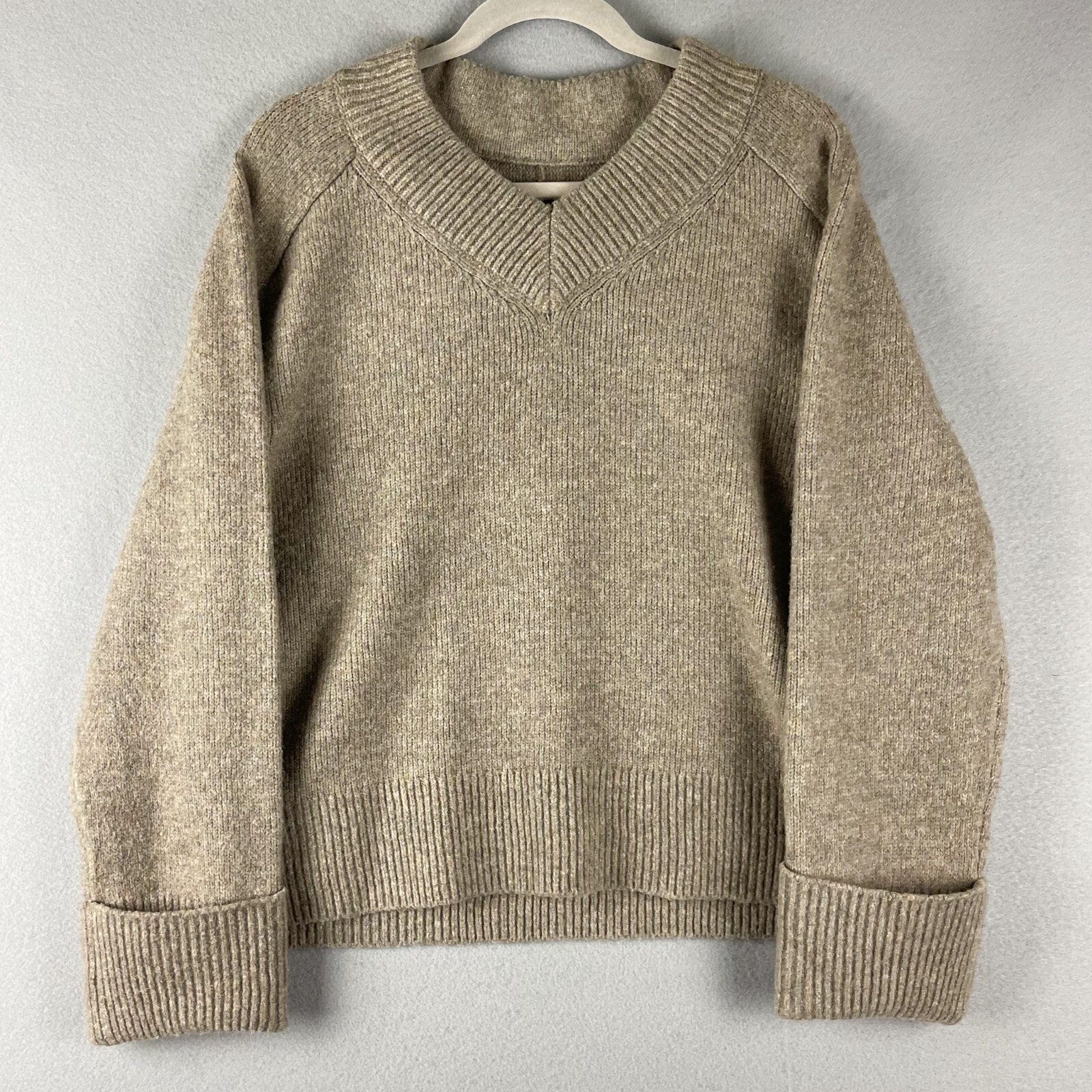 Abercrombie Fitch Sweater Womens Large Beige Knit V-Neck Wool Blend Chunky